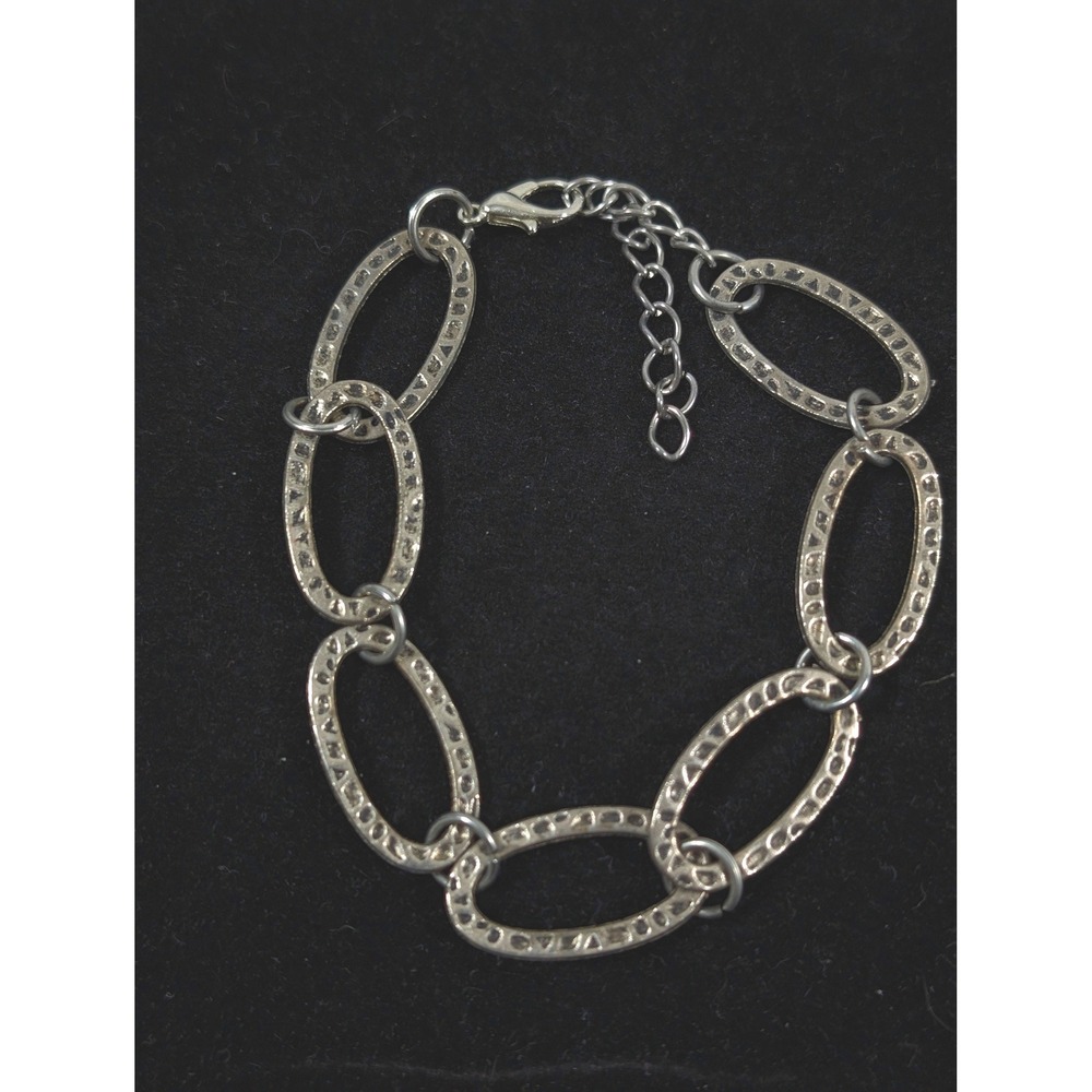 Silver Tone Hammered‎ Oval Link Bracelet Adjustable Chain Statement 8.5"